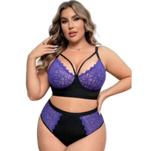 2X Plus Size Purple Black Lace Patchwork Semi-Sheer Wireless Bra Lingerie Set